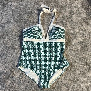 Boden NWT sz 20-22L Green and White One Piece Swimsuit with Halter Neck